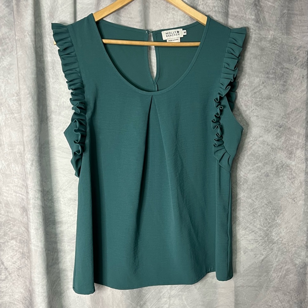 Molly Bracken Teal Ruffle Sleeve Keyhole Back Blouse - MED - Picture 9 of 14